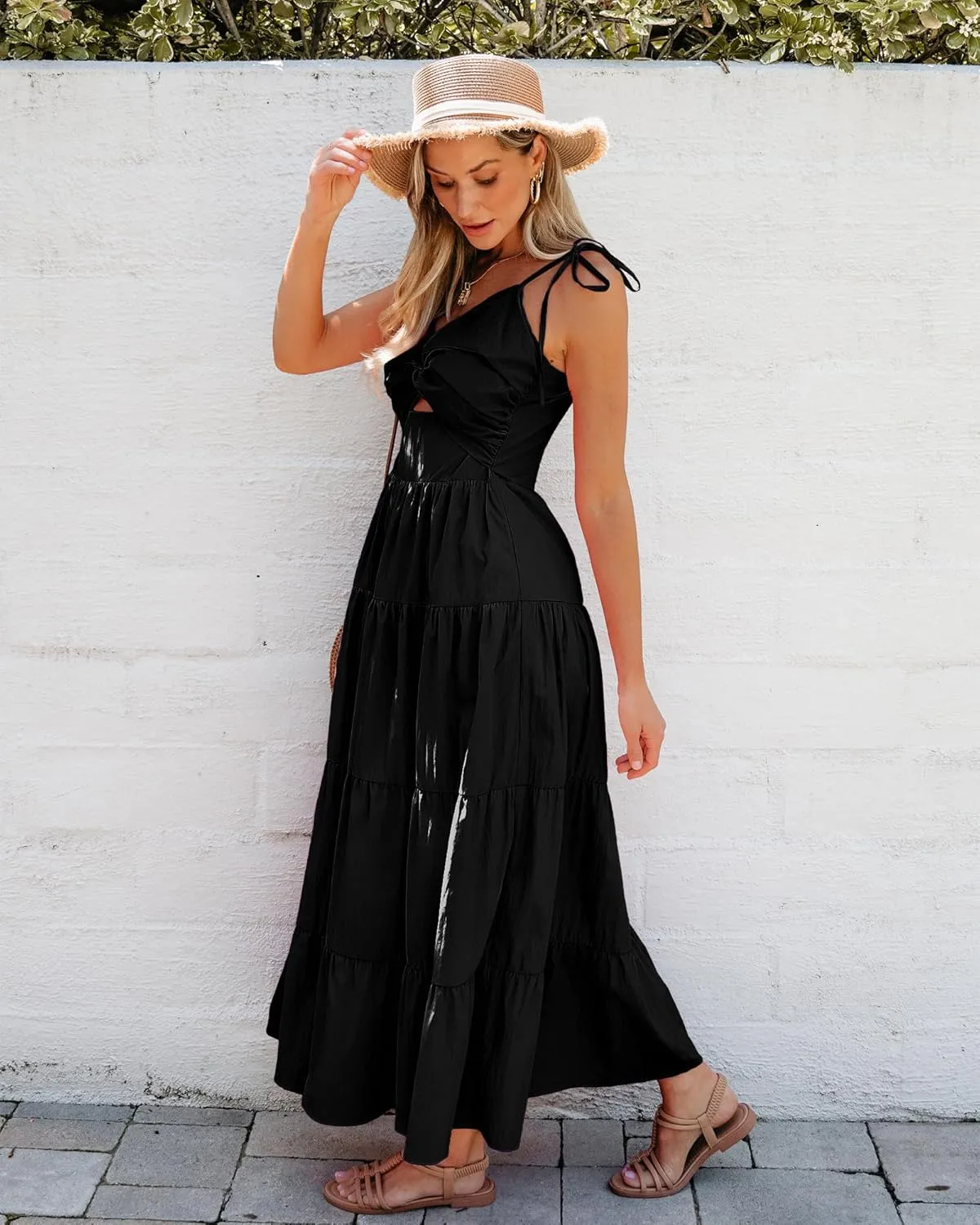 luvamia Long Flowy Dresses for Women Tiered Cut Out Midi Dress Self Tied Spaghetti Strap Summer Vacation Dinner Outfit