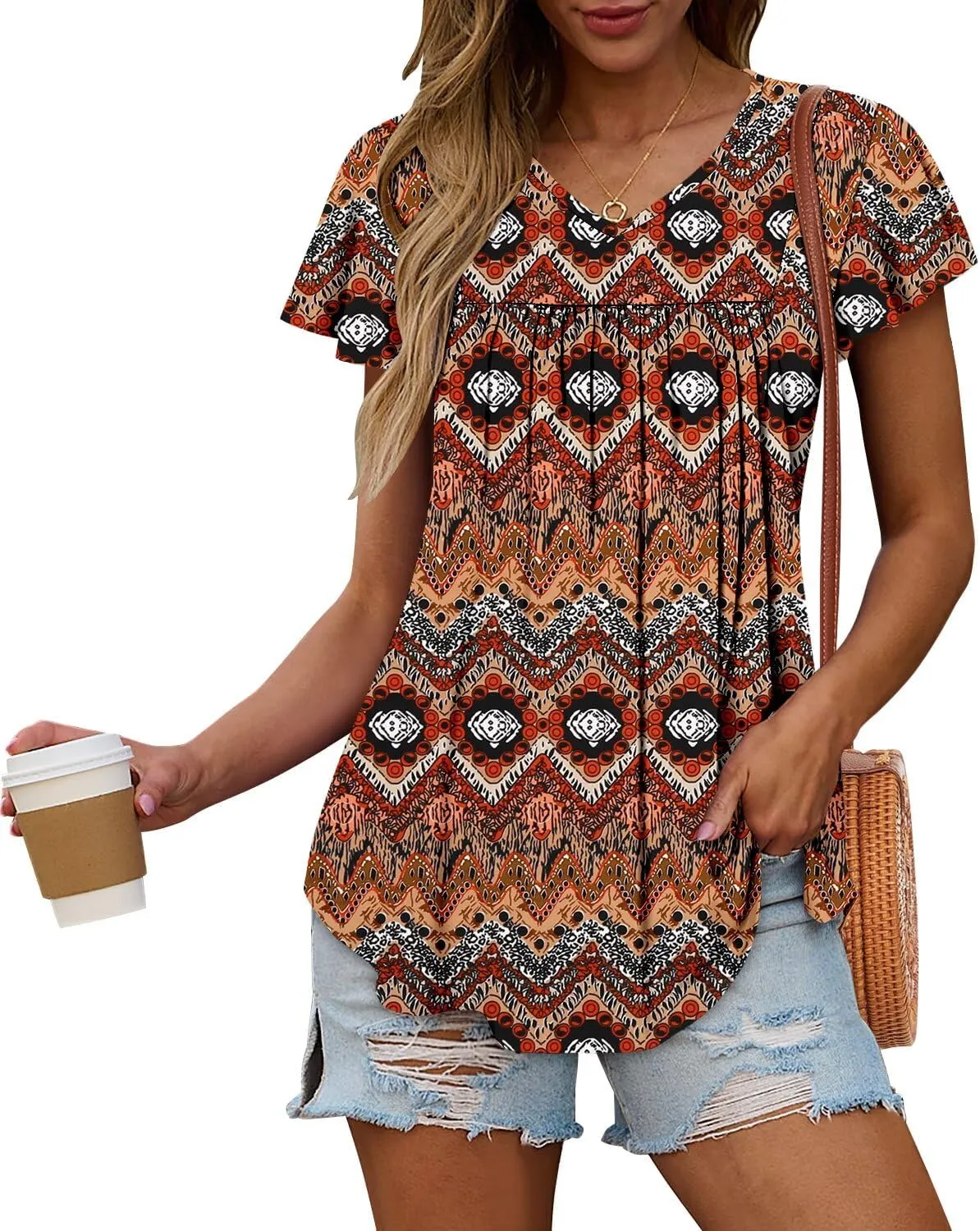 Magritta Womens Summer Tops Dressy Casual V Neck T Shirts Pleated Front Ruffle Short Sleeve Blouses Loose Fit Tunic Tops