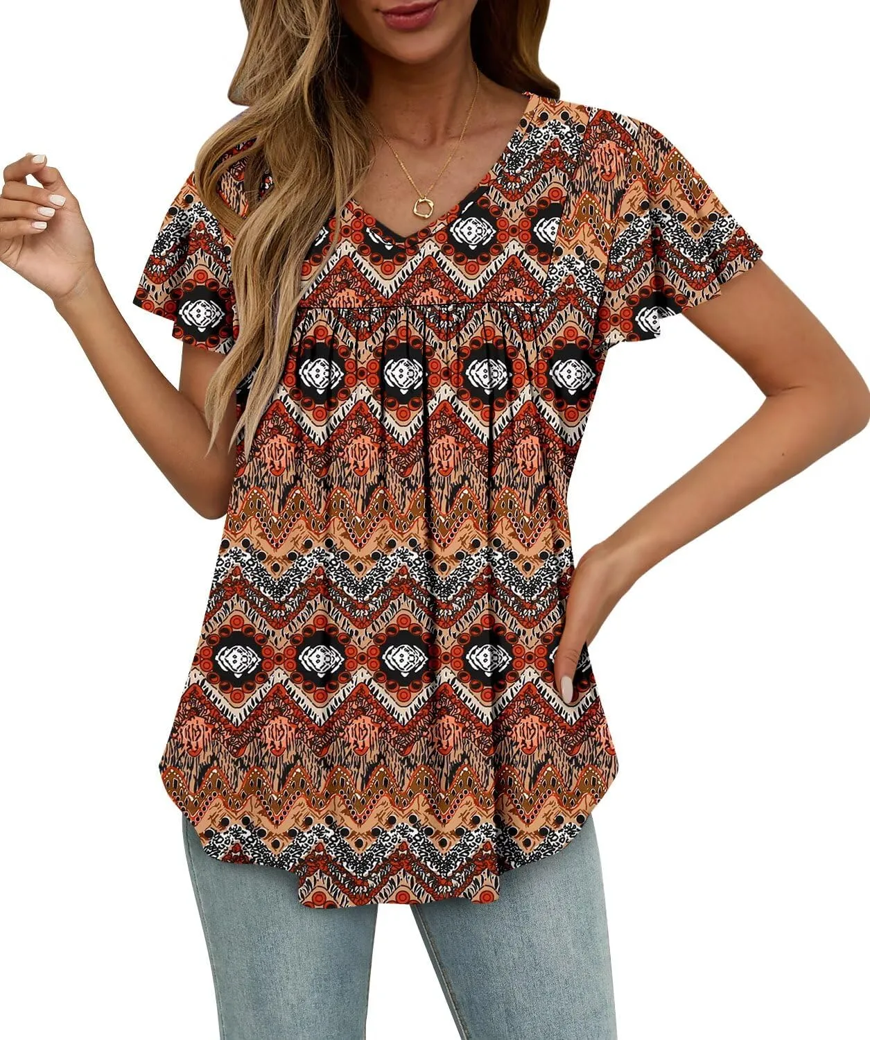 Magritta Womens Summer Tops Dressy Casual V Neck T Shirts Pleated Front Ruffle Short Sleeve Blouses Loose Fit Tunic Tops