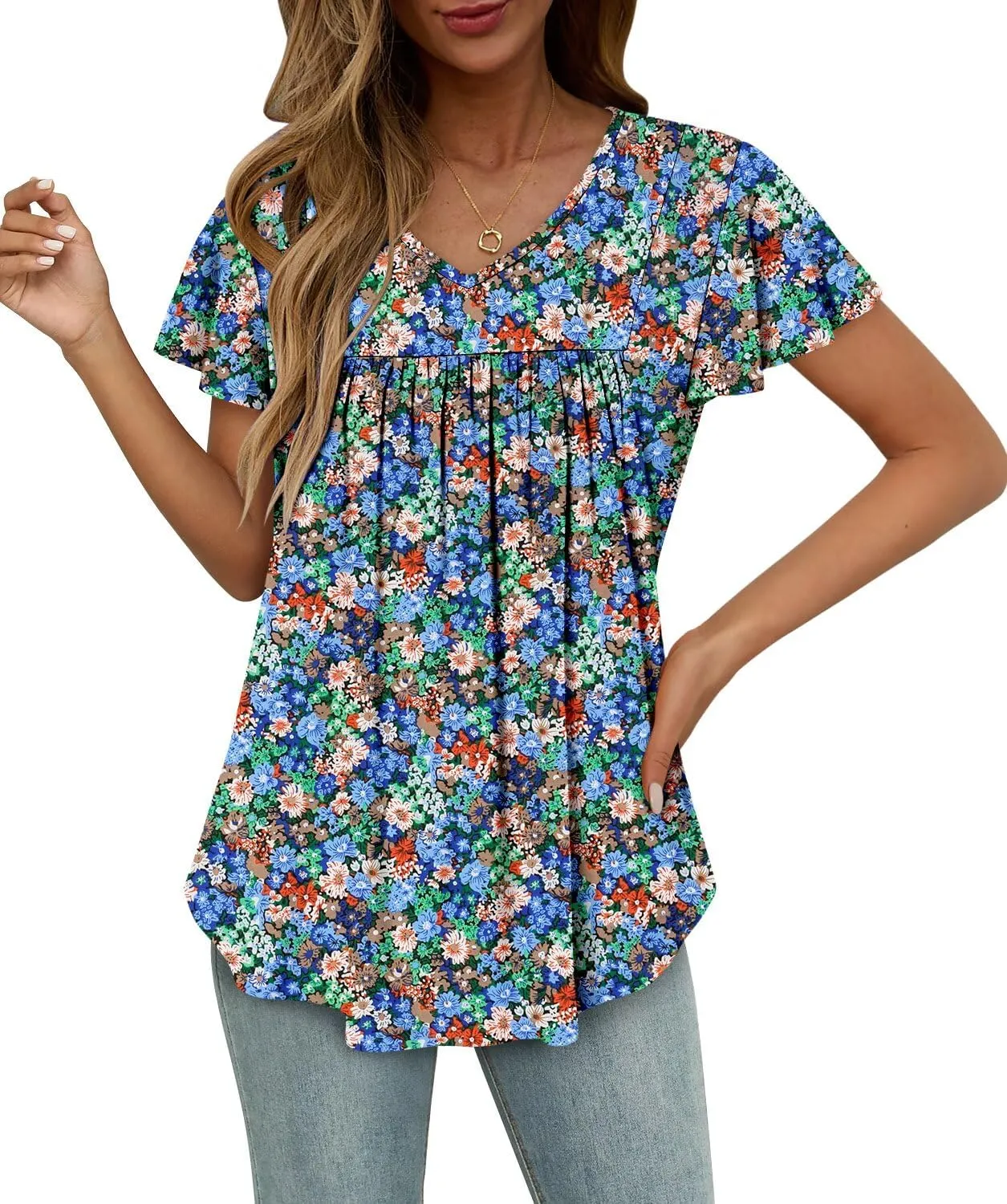 Magritta Womens Summer Tops Dressy Casual V Neck T Shirts Pleated Front Ruffle Short Sleeve Blouses Loose Fit Tunic Tops