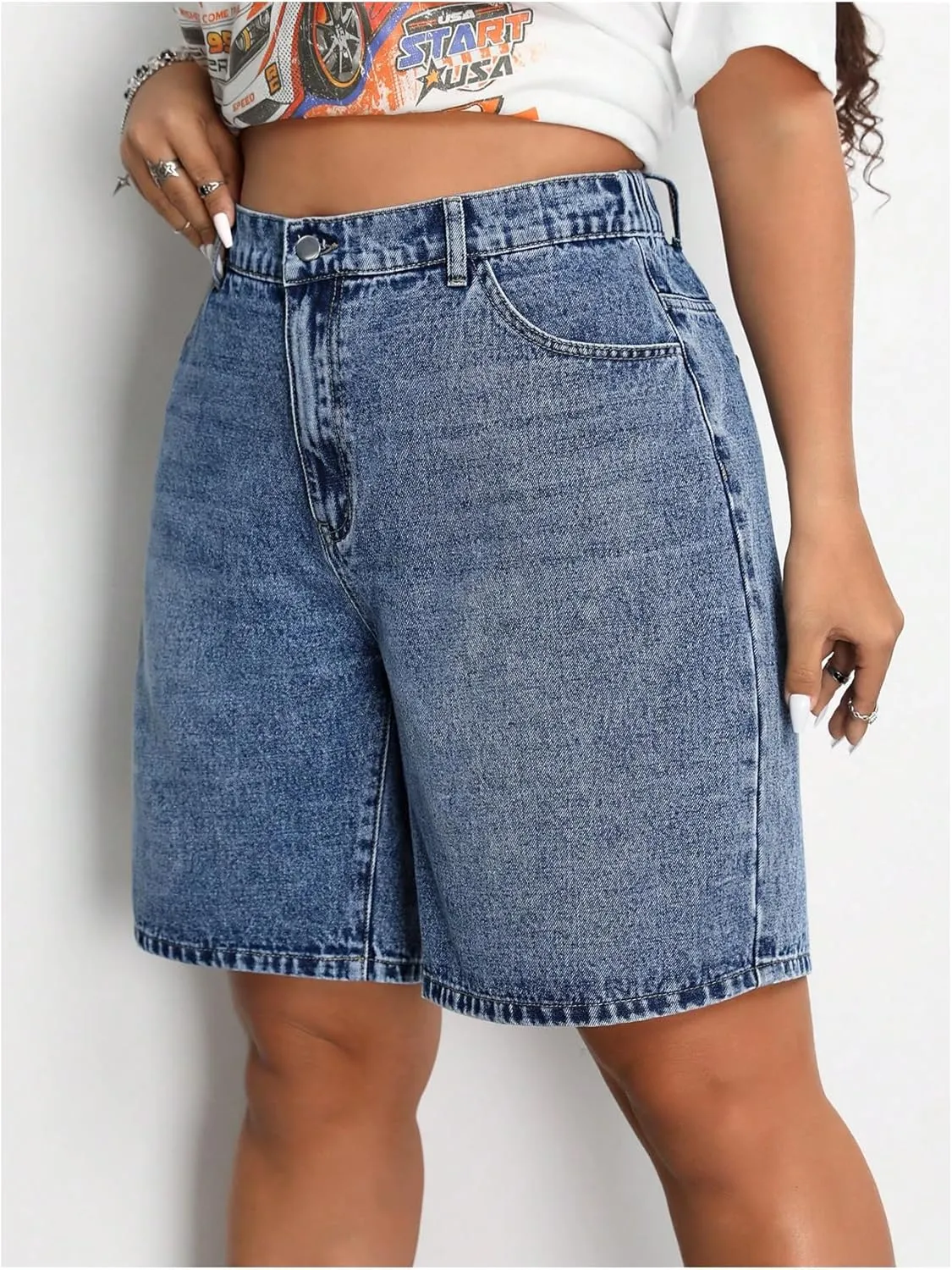 MakeMeChic Women's Plus Size Jean Shorts Elastic High Waisted Wide Leg Denim Shorts