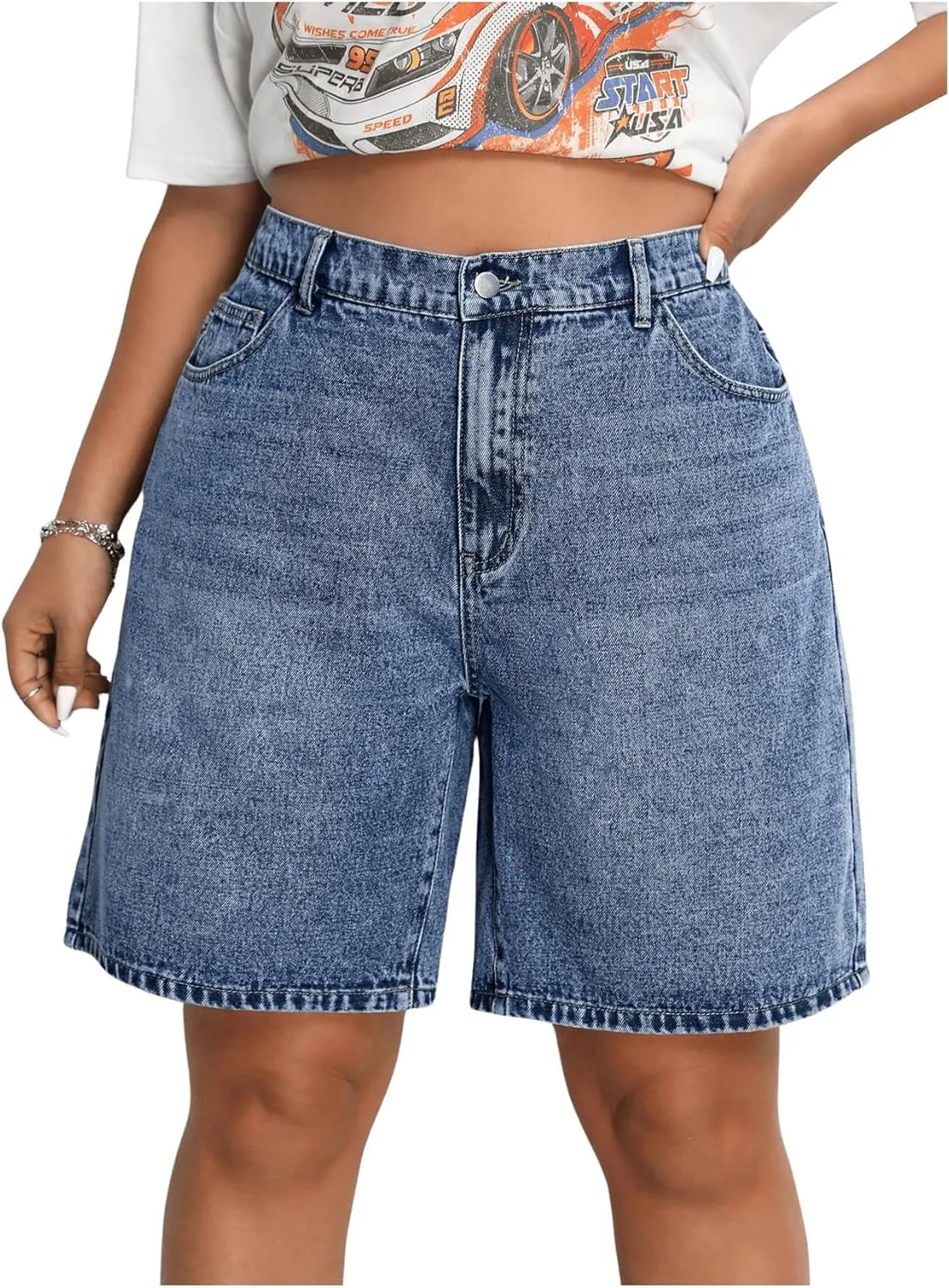 MakeMeChic Women's Plus Size Jean Shorts Elastic High Waisted Wide Leg Denim Shorts