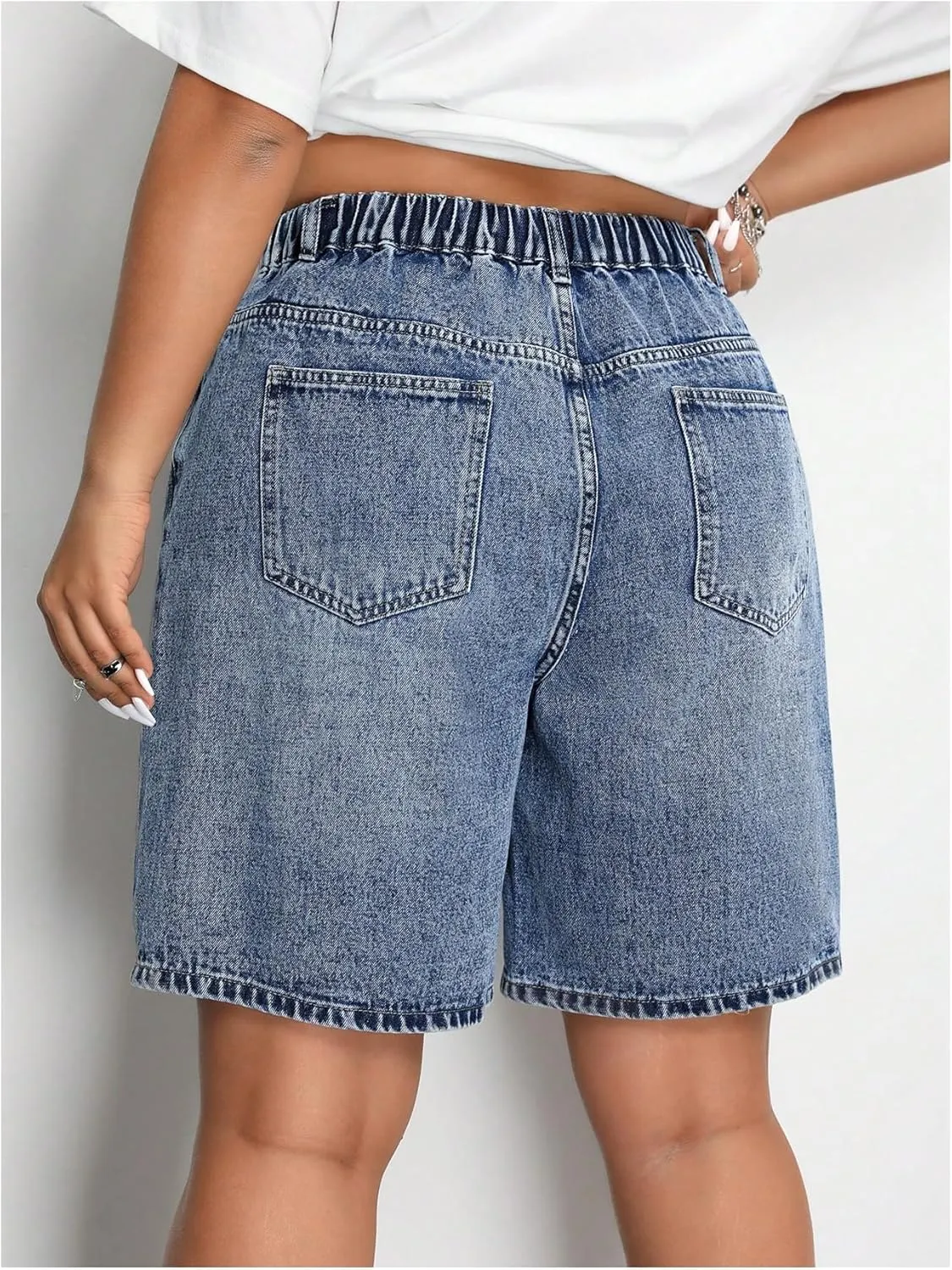 MakeMeChic Women's Plus Size Jean Shorts Elastic High Waisted Wide Leg Denim Shorts