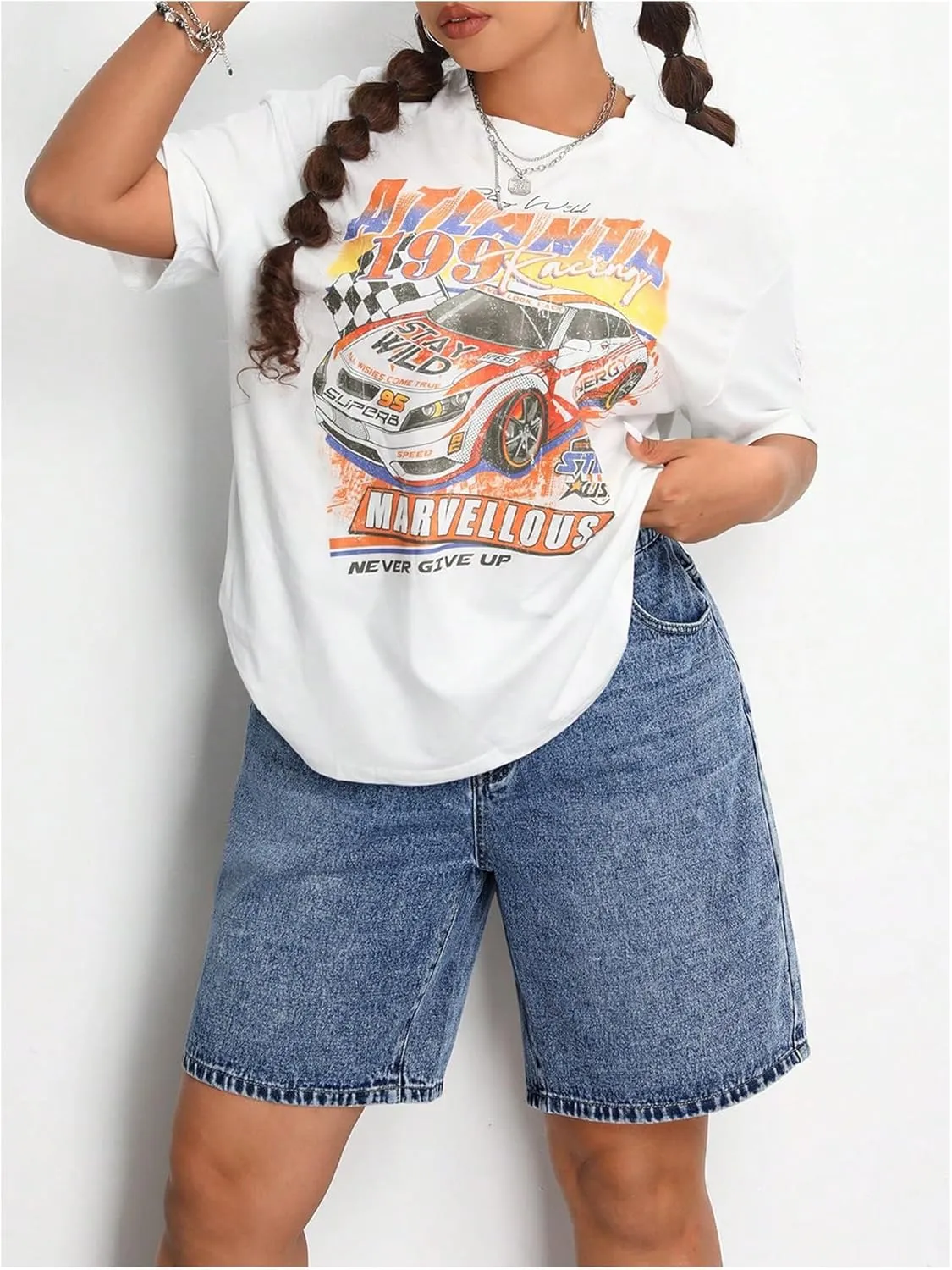 MakeMeChic Women's Plus Size Jean Shorts Elastic High Waisted Wide Leg Denim Shorts