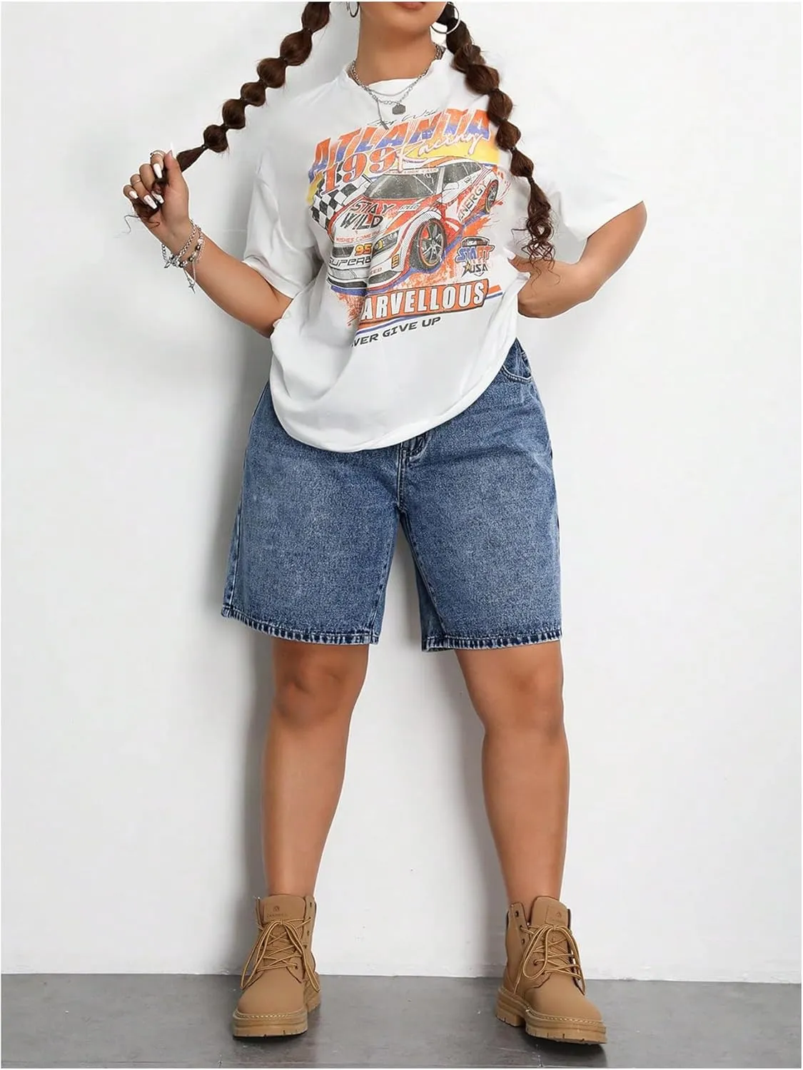 MakeMeChic Women's Plus Size Jean Shorts Elastic High Waisted Wide Leg Denim Shorts