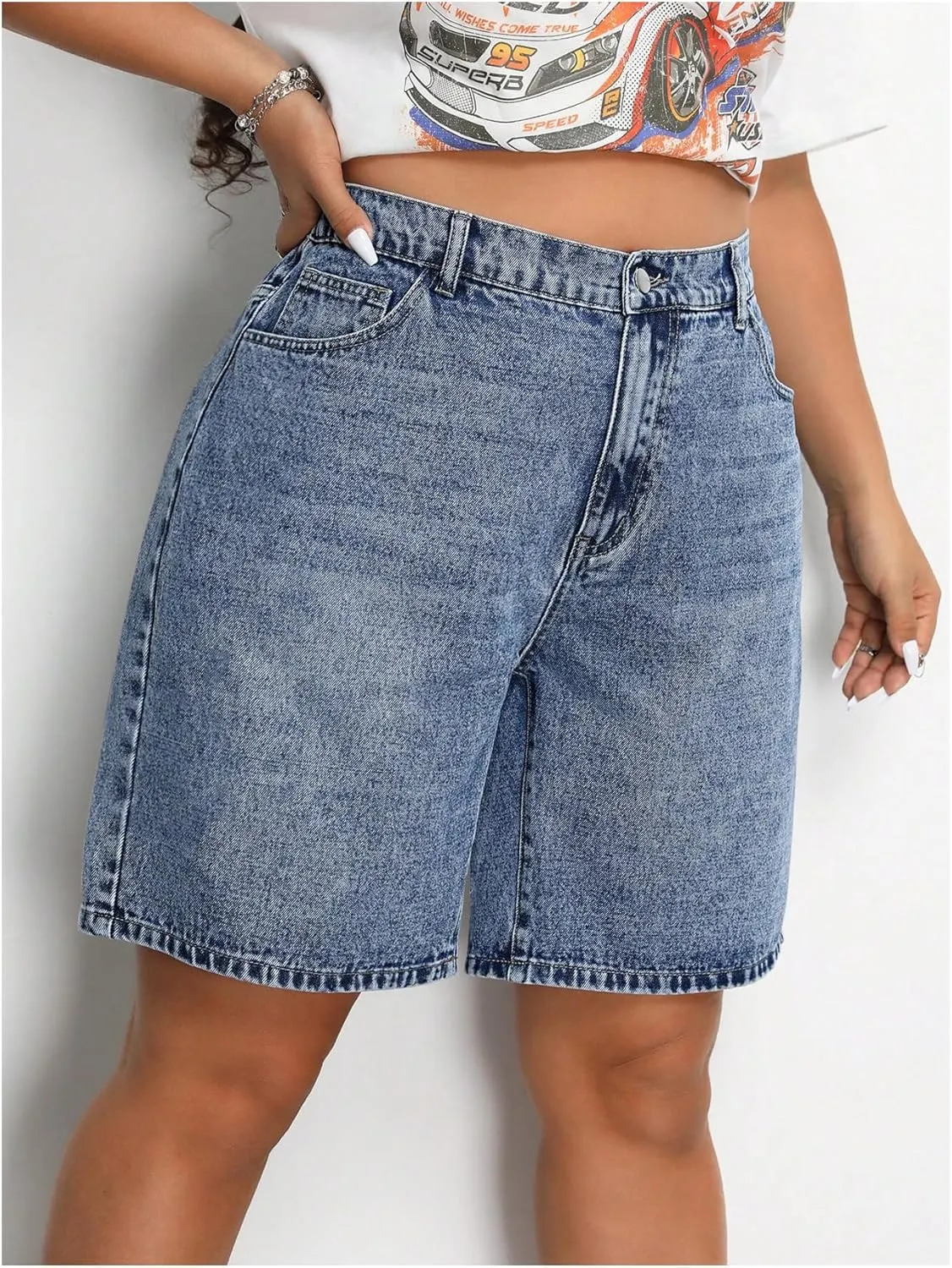 MakeMeChic Women's Plus Size Jean Shorts Elastic High Waisted Wide Leg Denim Shorts
