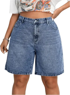 MakeMeChic Women's Plus Size Jean Shorts Elastic High Waisted Wide Leg Denim Shorts