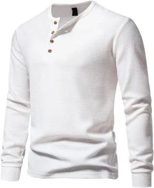 Men Casual Solid Color Pullover Long Sleeve Waffle Shirts Four Button Crew Neck T-Shirt Sports Fitness Polo Shirts