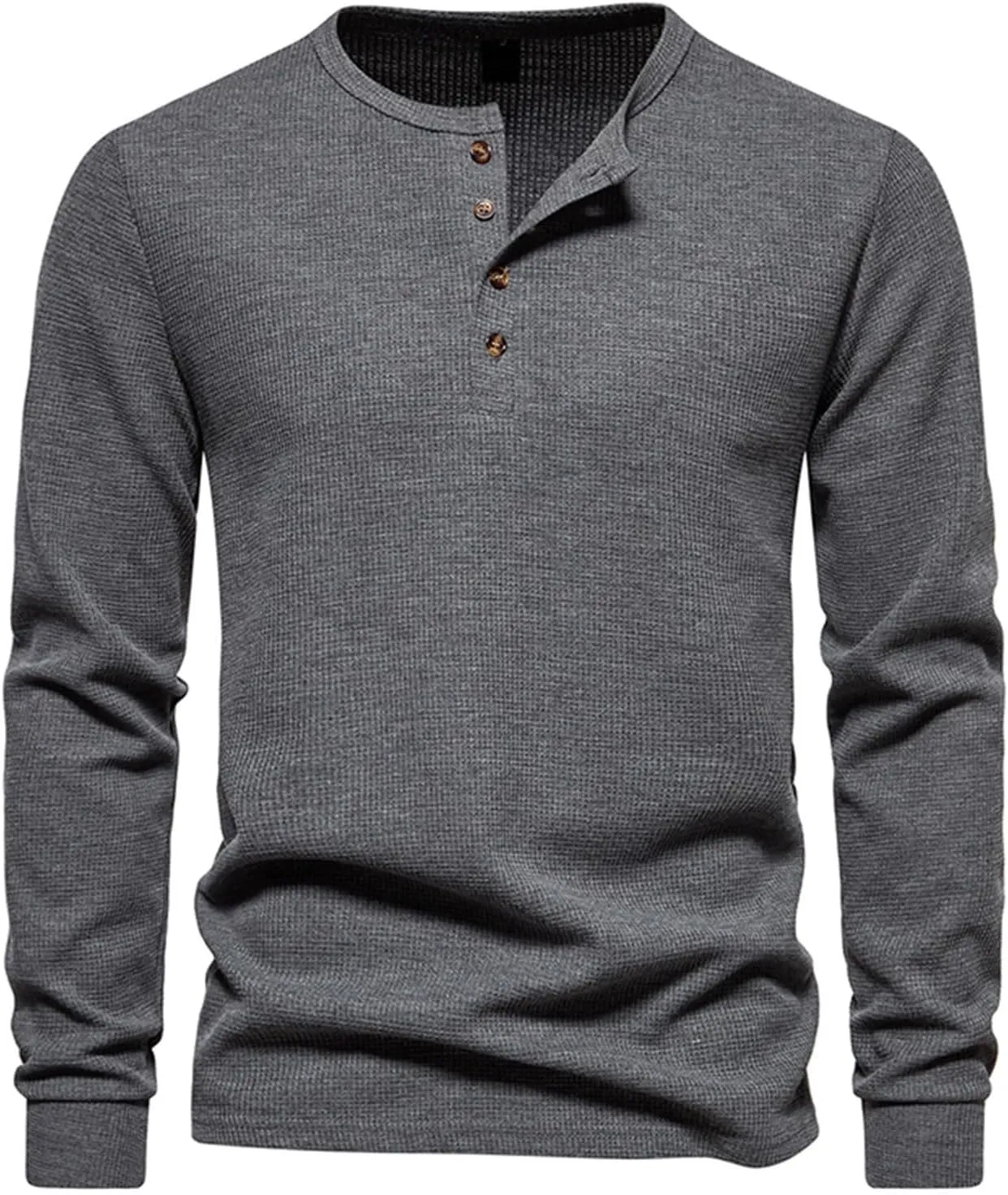 Men Casual Solid Color Pullover Long Sleeve Waffle Shirts Four Button Crew Neck T-Shirt Sports Fitness Polo Shirts
