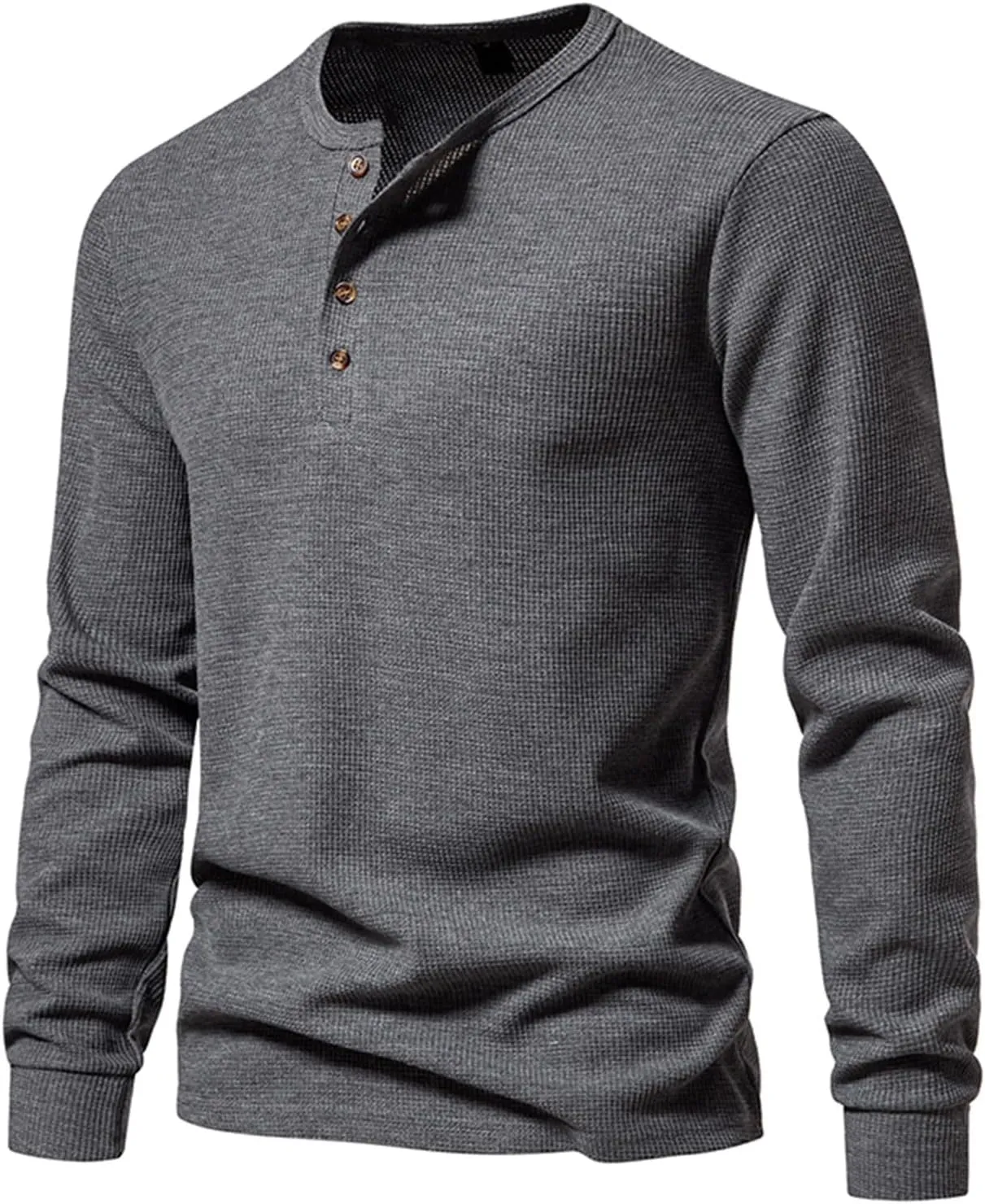 Men Casual Solid Color Pullover Long Sleeve Waffle Shirts Four Button Crew Neck T-Shirt Sports Fitness Polo Shirts