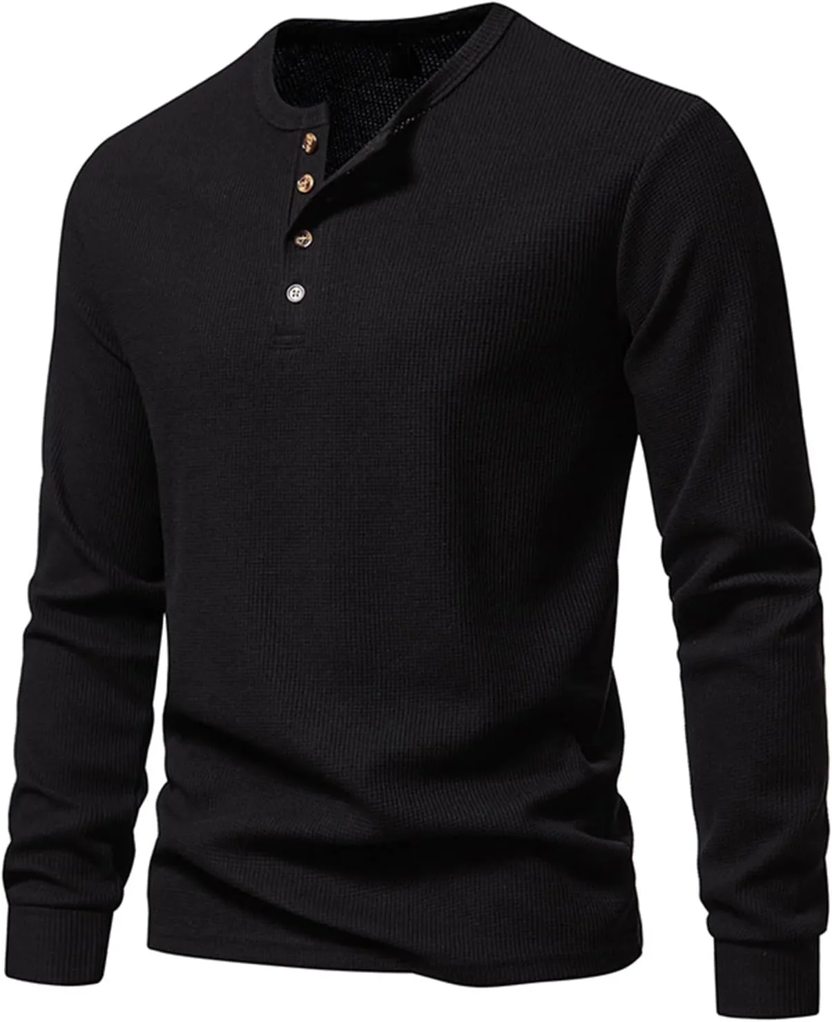 Men Casual Solid Color Pullover Long Sleeve Waffle Shirts Four Button Crew Neck T-Shirt Sports Fitness Polo Shirts