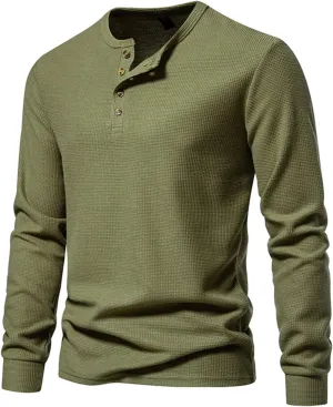 Men Casual Solid Color Pullover Long Sleeve Waffle Shirts Four Button Crew Neck T-Shirt Sports Fitness Polo Shirts