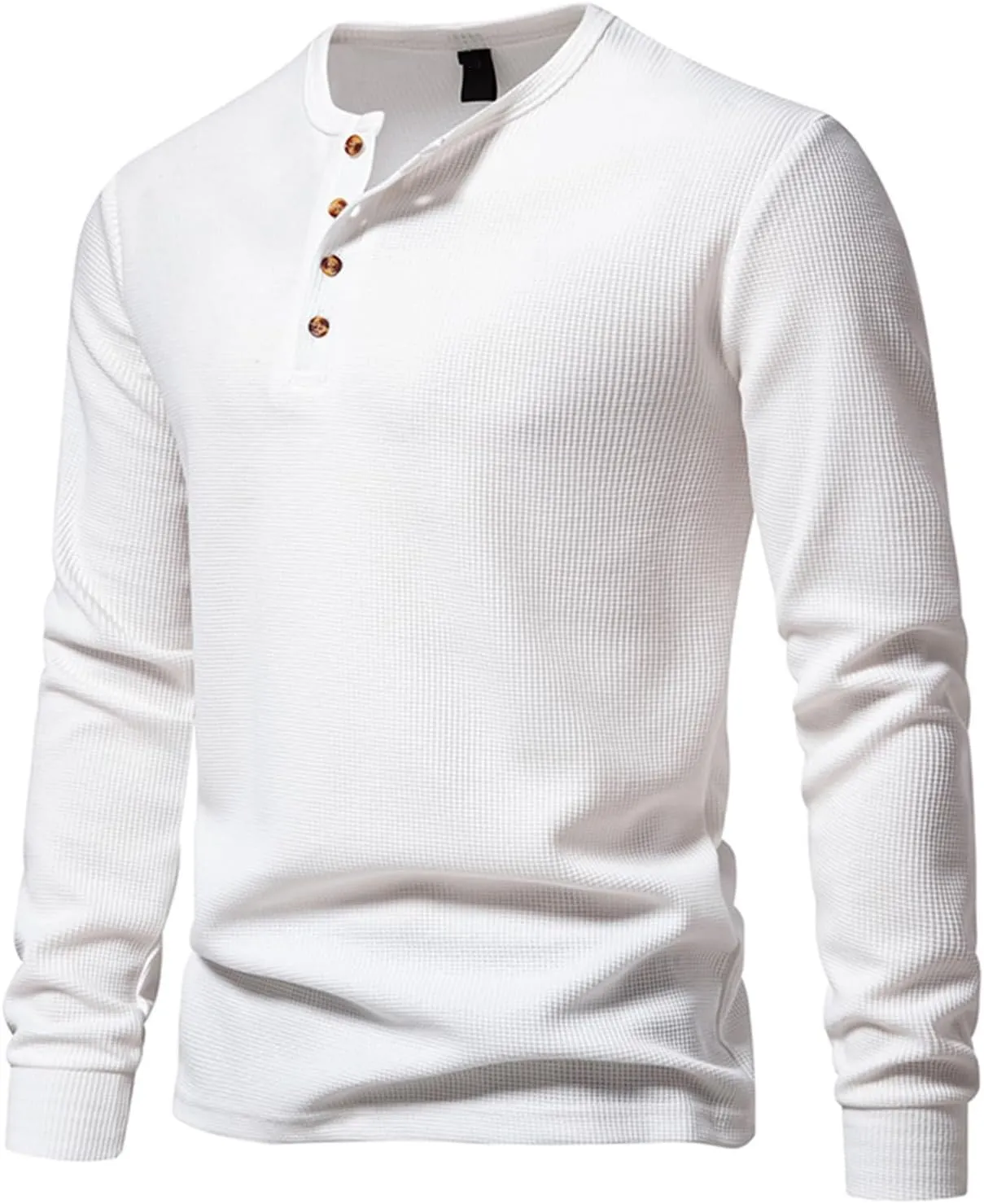 Men Casual Solid Color Pullover Long Sleeve Waffle Shirts Four Button Crew Neck T-Shirt Sports Fitness Polo Shirts