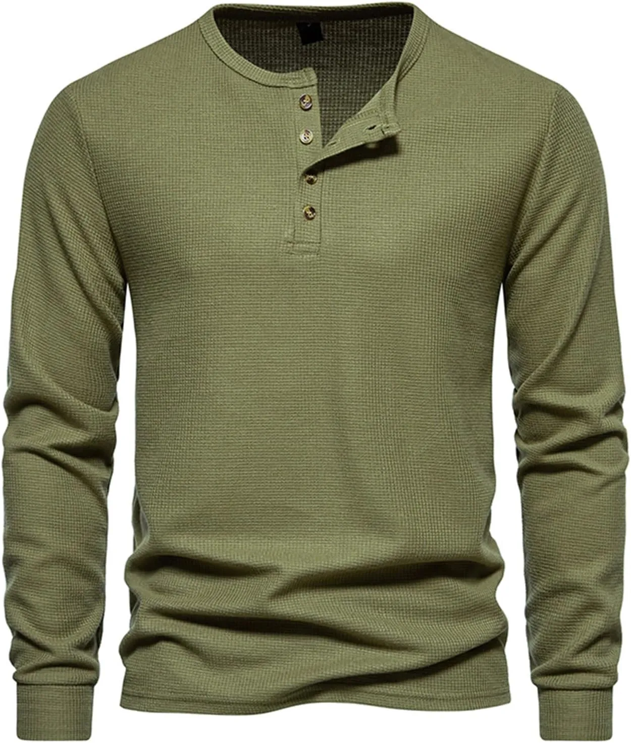 Men Casual Solid Color Pullover Long Sleeve Waffle Shirts Four Button Crew Neck T-Shirt Sports Fitness Polo Shirts