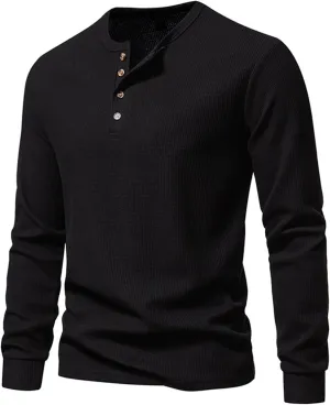 Men Casual Solid Color Pullover Long Sleeve Waffle Shirts Four Button Crew Neck T-Shirt Sports Fitness Polo Shirts