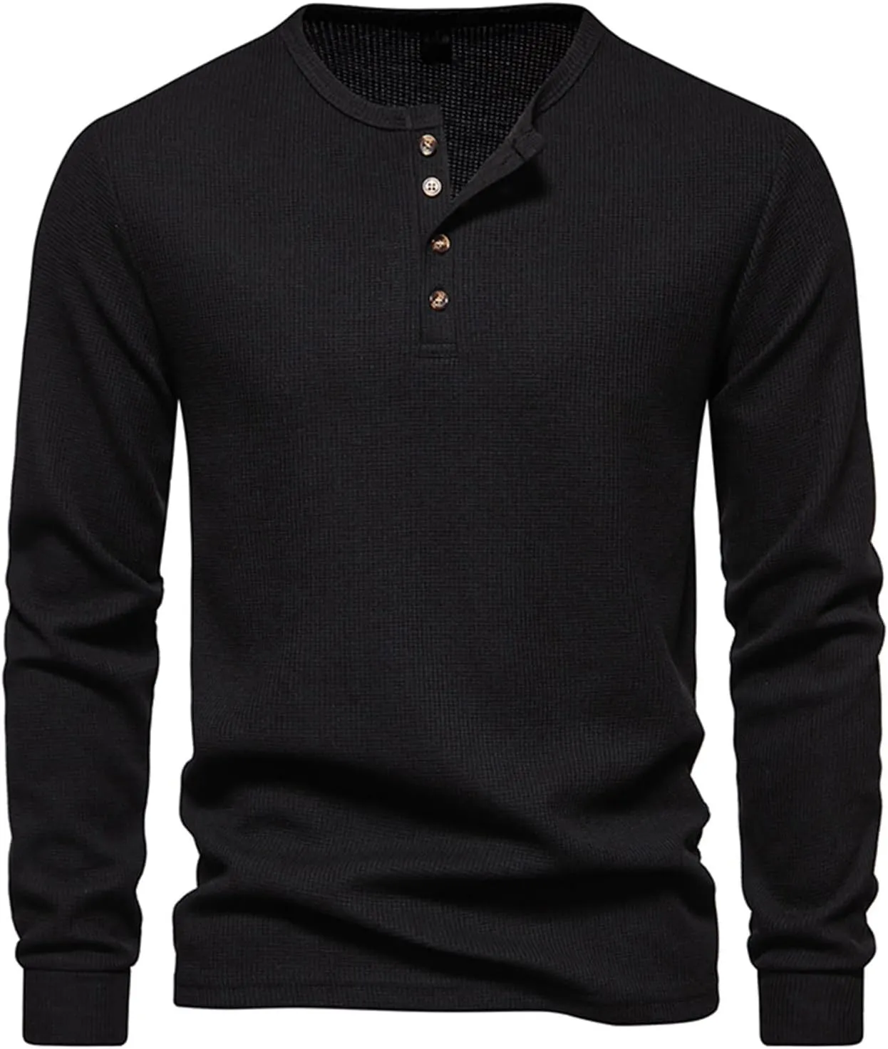 Men Casual Solid Color Pullover Long Sleeve Waffle Shirts Four Button Crew Neck T-Shirt Sports Fitness Polo Shirts