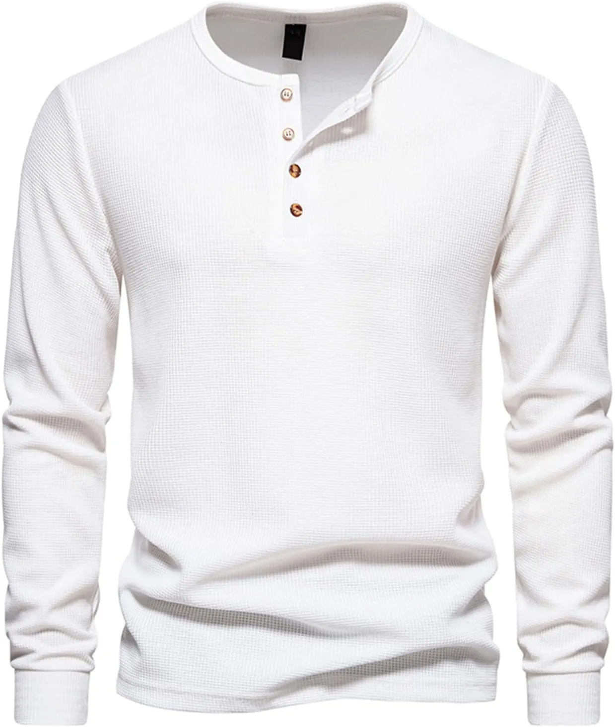 Men Casual Solid Color Pullover Long Sleeve Waffle Shirts Four Button Crew Neck T-Shirt Sports Fitness Polo Shirts