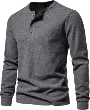 Men Casual Solid Color Pullover Long Sleeve Waffle Shirts Four Button Crew Neck T-Shirt Sports Fitness Polo Shirts