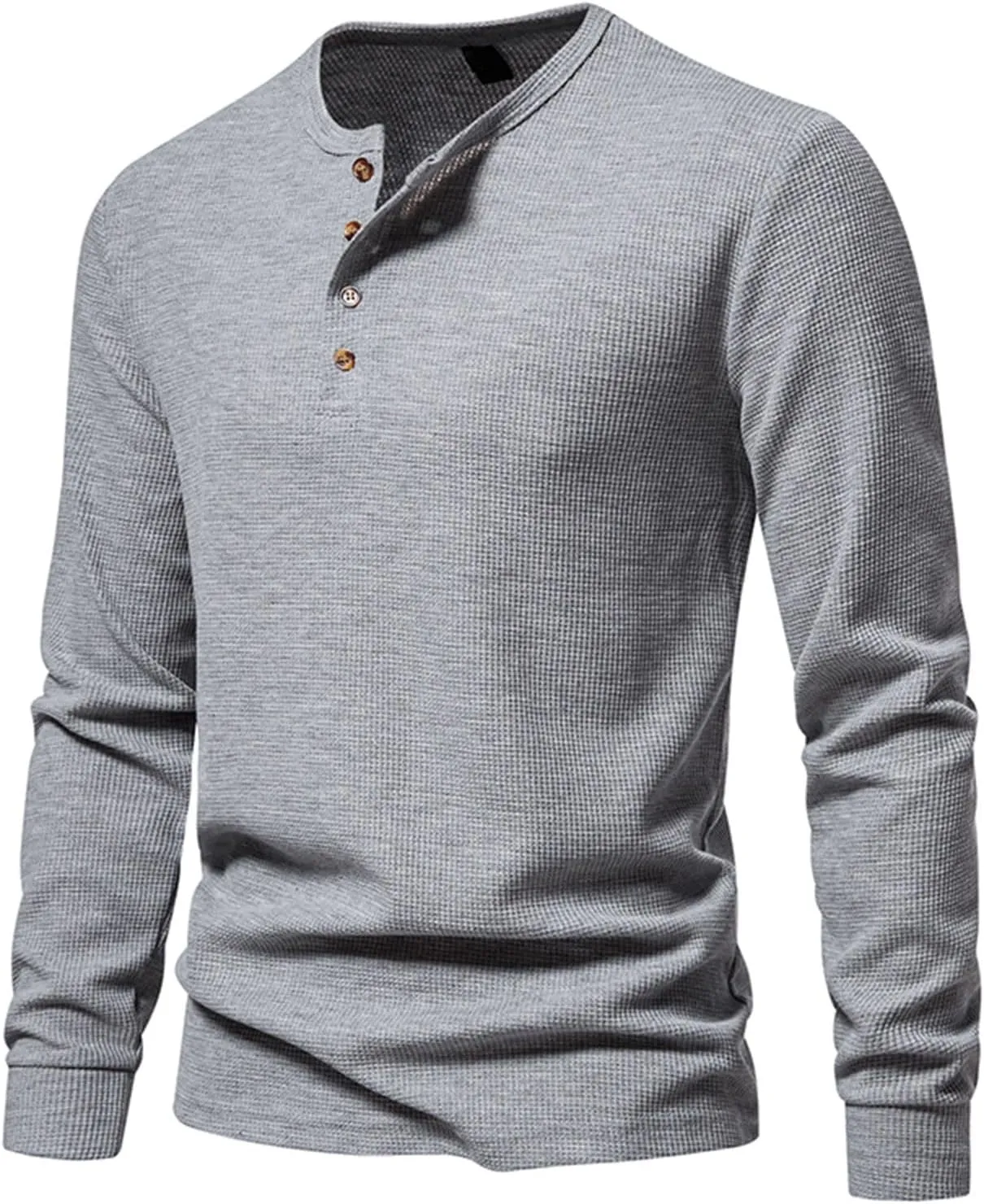 Men Casual Solid Color Pullover Long Sleeve Waffle Shirts Four Button Crew Neck T-Shirt Sports Fitness Polo Shirts