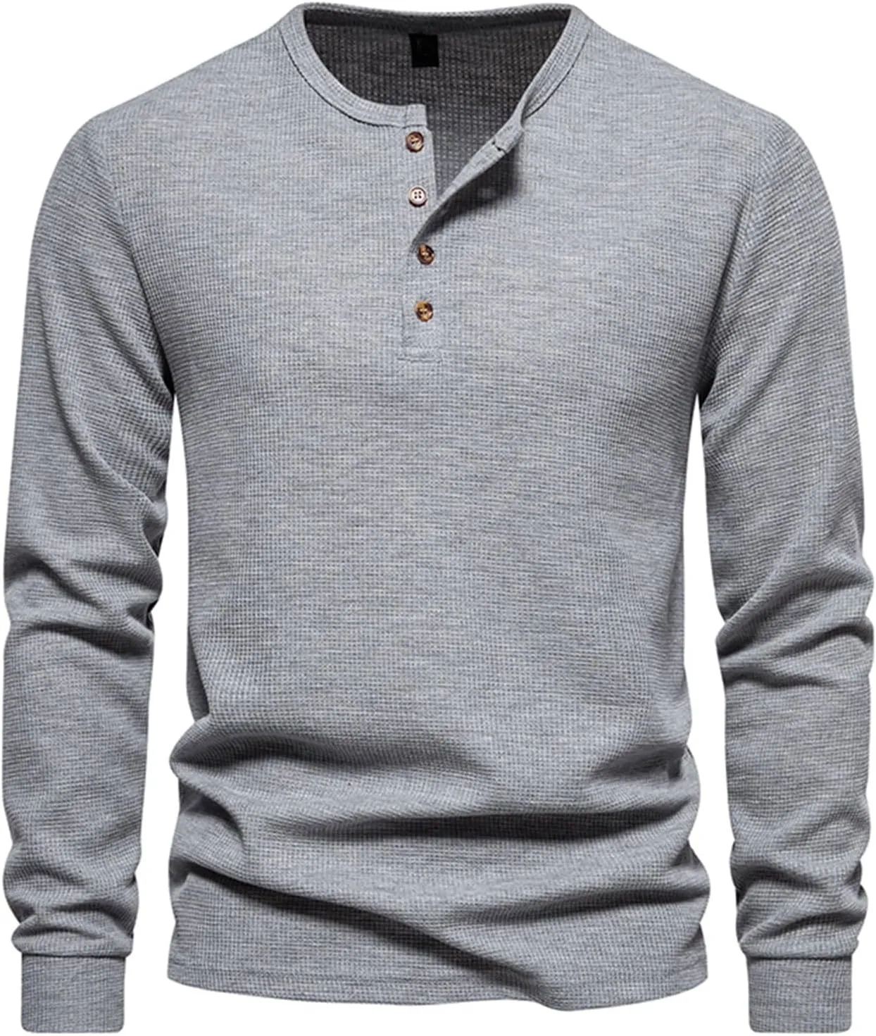 Men Casual Solid Color Pullover Long Sleeve Waffle Shirts Four Button Crew Neck T-Shirt Sports Fitness Polo Shirts