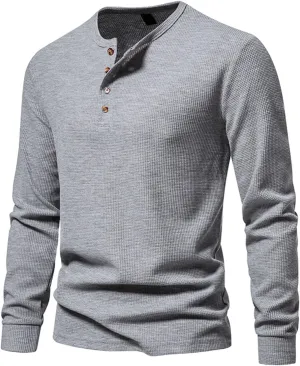 Men Casual Solid Color Pullover Long Sleeve Waffle Shirts Four Button Crew Neck T-Shirt Sports Fitness Polo Shirts
