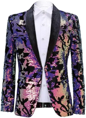 Men Fashion Velvet Sequins Floral Pattern Suit Jacket Blazer