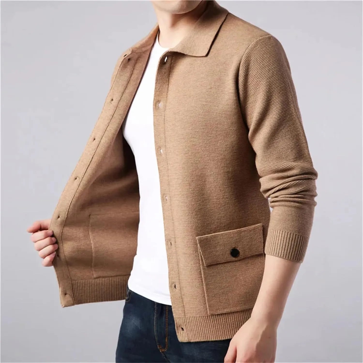 Men Knitting Cardigan Sweaters Coat Winter Casual Lapel Slim Fit Button Down Knit Sweater with Pockets