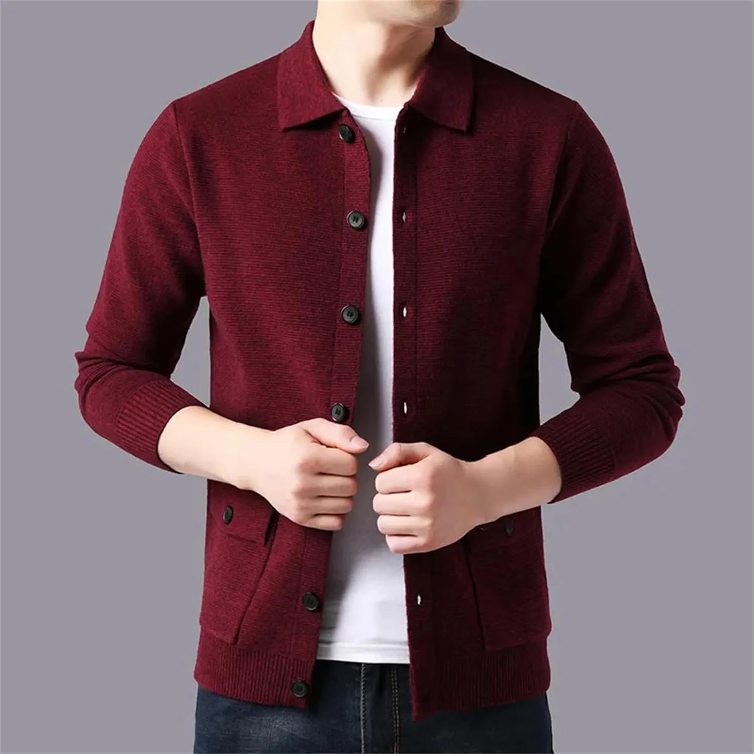 Men Knitting Cardigan Sweaters Coat Winter Casual Lapel Slim Fit Button Down Knit Sweater with Pockets
