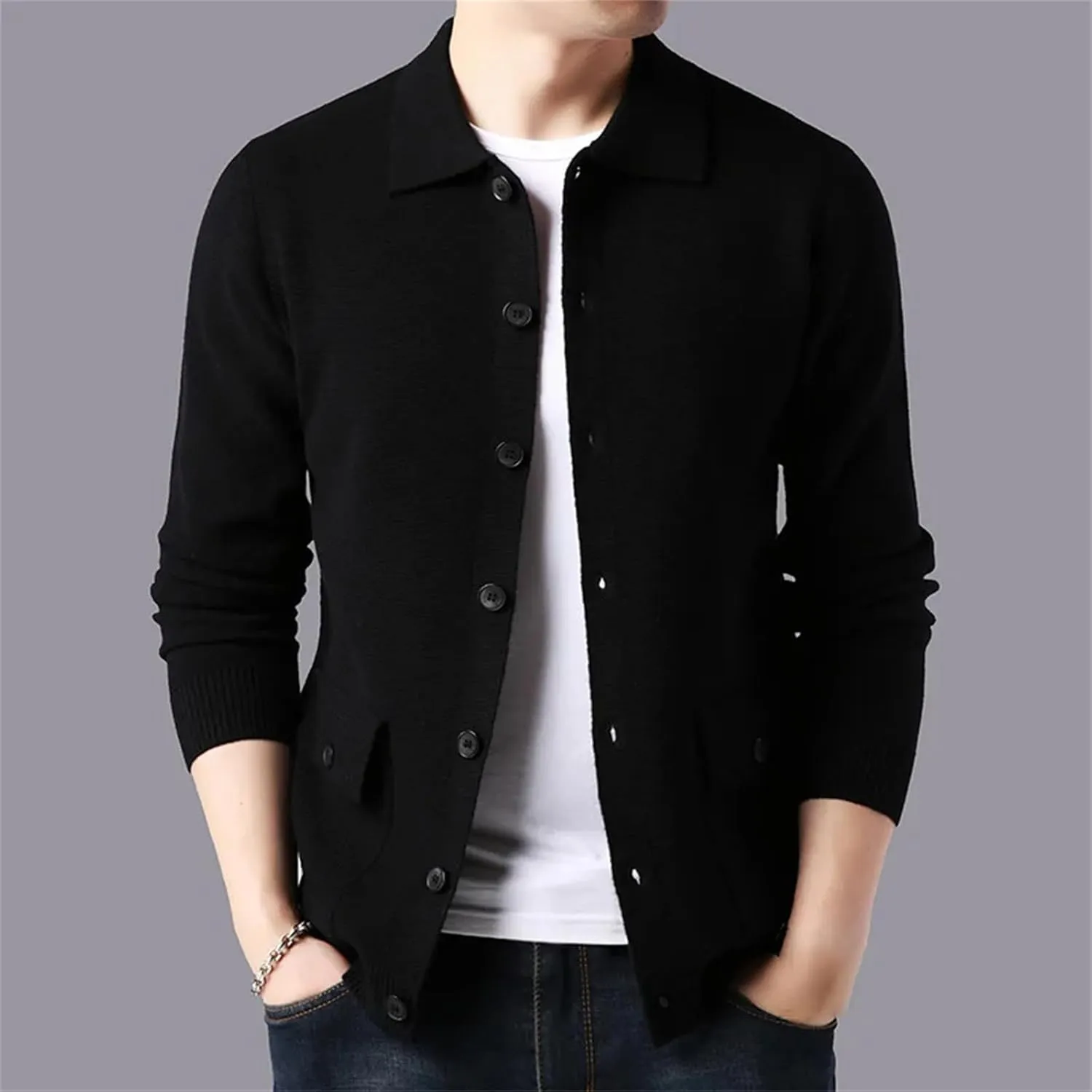 Men Knitting Cardigan Sweaters Coat Winter Casual Lapel Slim Fit Button Down Knit Sweater with Pockets