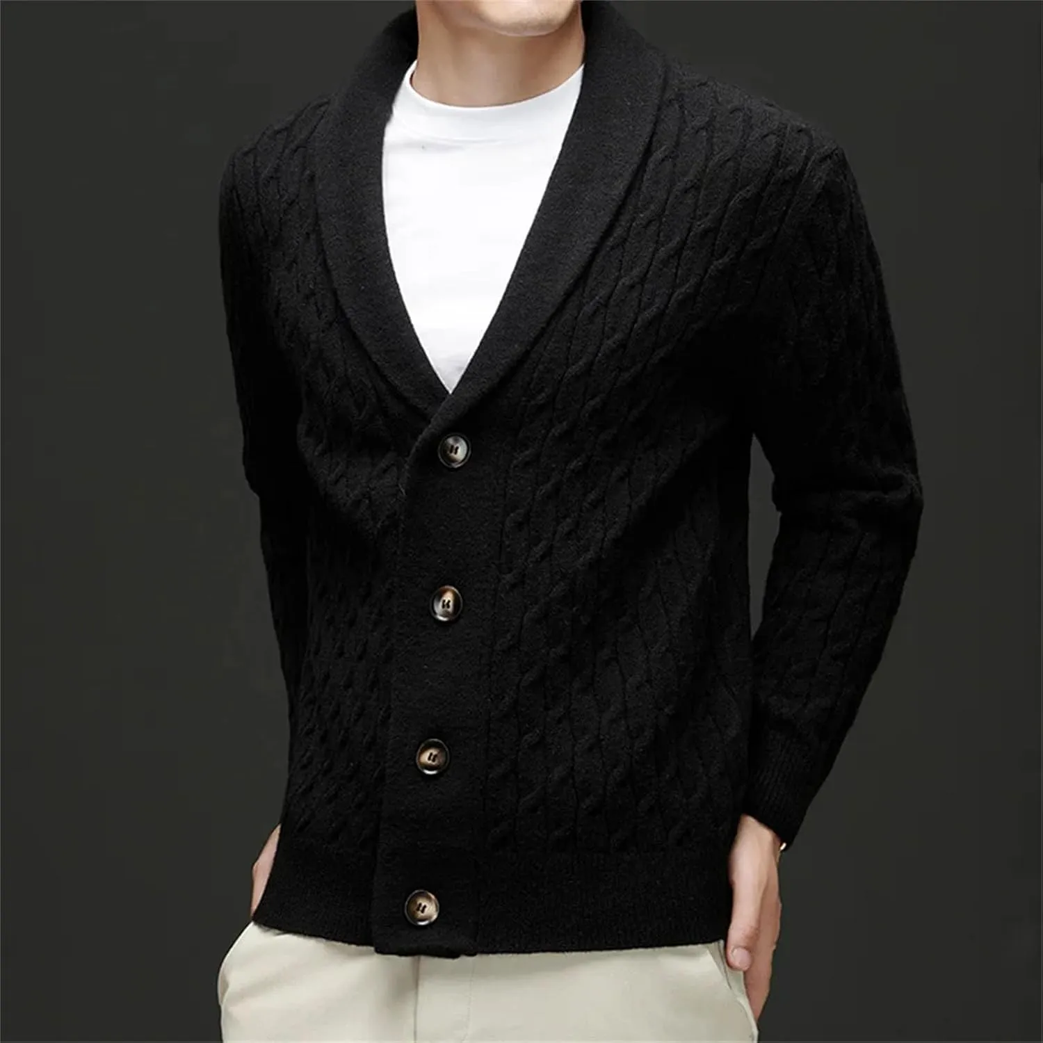 Men Lapel Wool Cardigan Sweater Long Sleeve Fashion Casual Tops Winter Knitted Button Down Sweater