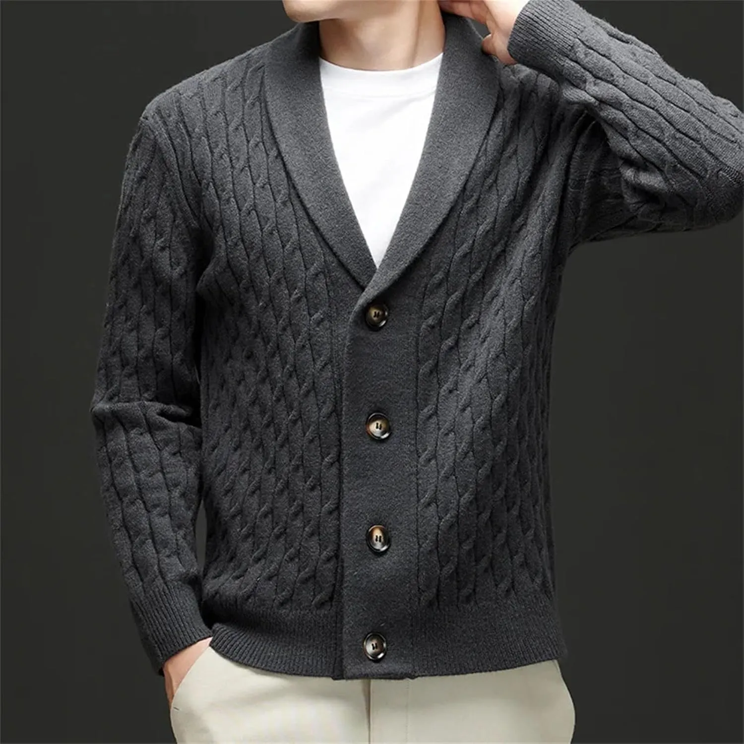 Men Lapel Wool Cardigan Sweater Long Sleeve Fashion Casual Tops Winter Knitted Button Down Sweater