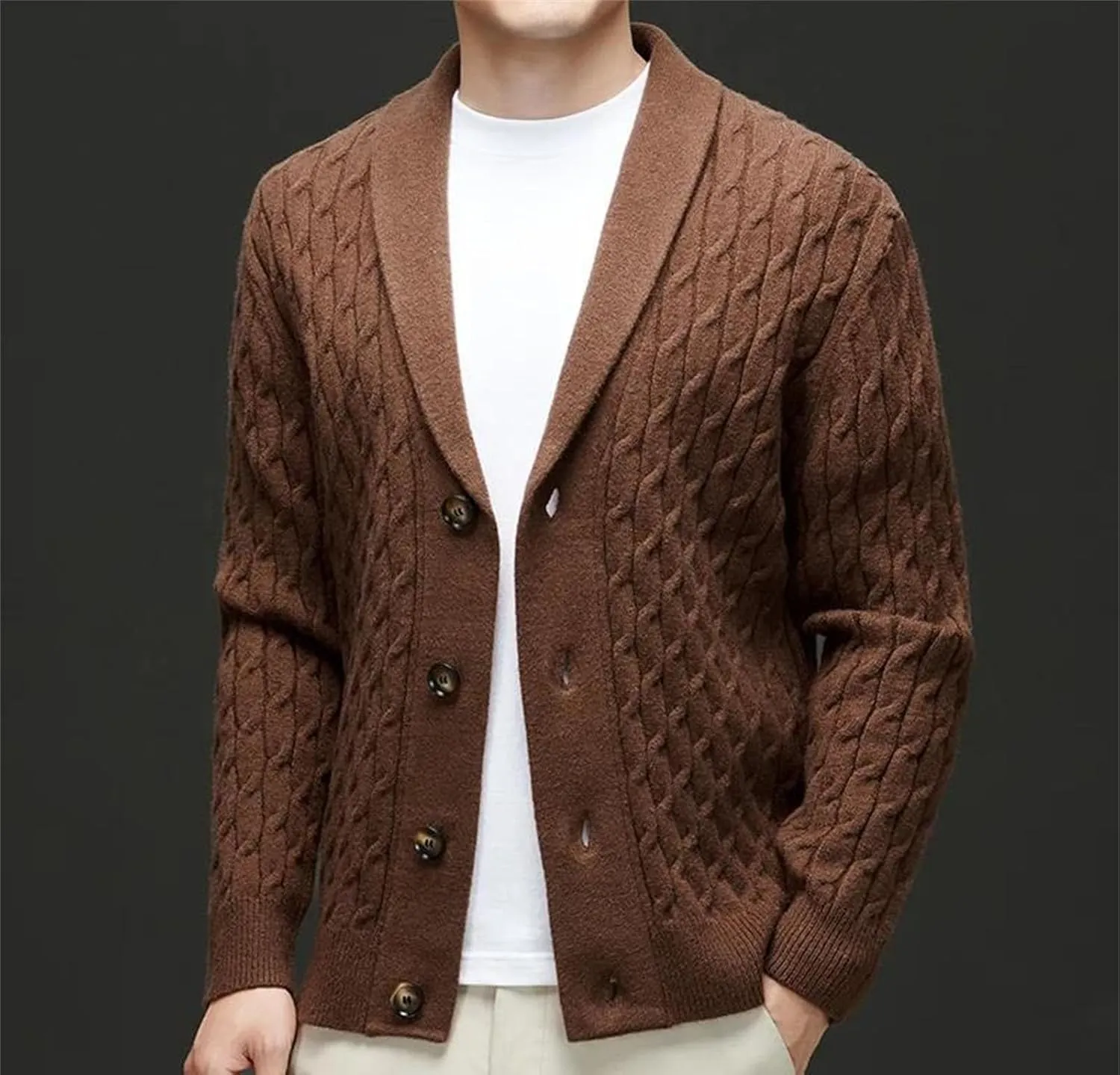 Men Lapel Wool Cardigan Sweater Long Sleeve Fashion Casual Tops Winter Knitted Button Down Sweater
