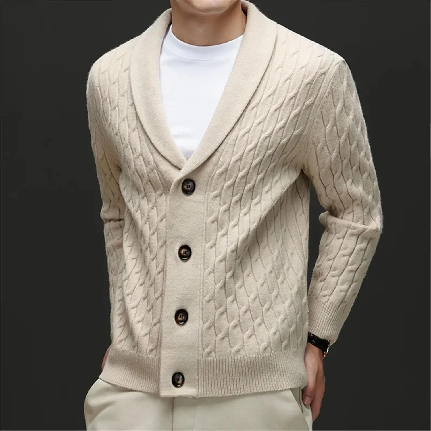 Men Lapel Wool Cardigan Sweater Long Sleeve Fashion Casual Tops Winter Knitted Button Down Sweater