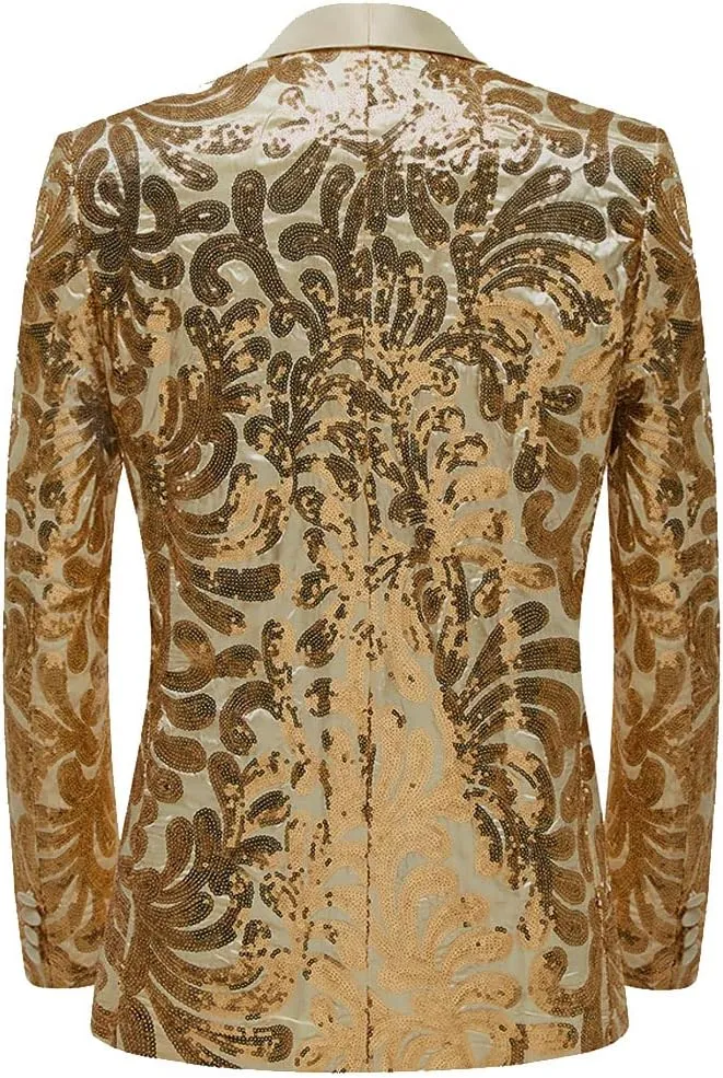 Men Stylish Satin Face Sequins Floral Pattern Suit Jacket Blazer