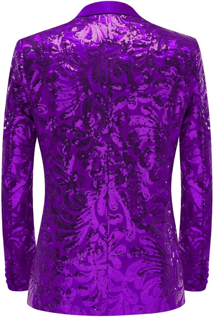 Men Stylish Satin Face Sequins Floral Pattern Suit Jacket Blazer