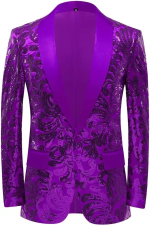 Men Stylish Satin Face Sequins Floral Pattern Suit Jacket Blazer