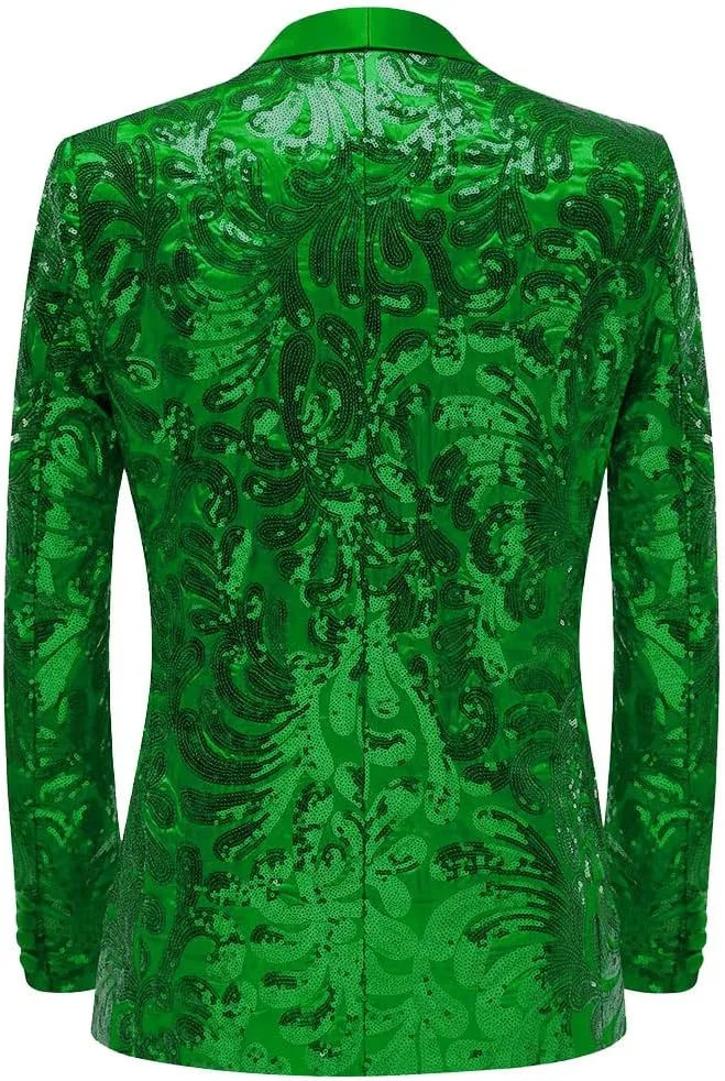 Men Stylish Satin Face Sequins Floral Pattern Suit Jacket Blazer