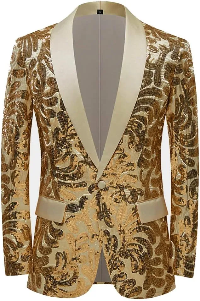 Men Stylish Satin Face Sequins Floral Pattern Suit Jacket Blazer