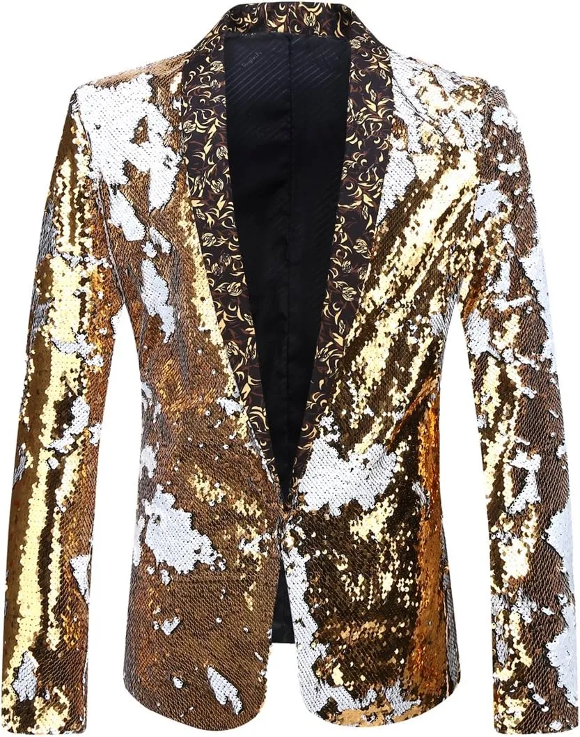 Men Stylish Two Color Conversion Shiny Sequins Blazer Suit Jacket