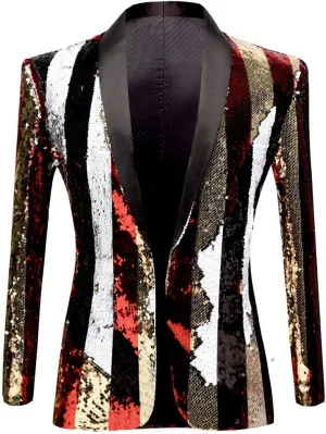 Men Stylish Two Color Conversion Shiny Sequins Blazer Suit Jacket
