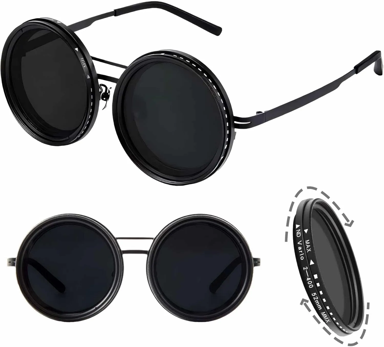 Men's Adjustable Tint Polarized Round Sunglasses – ND9 Stepless Lens with 1-9 Gear Transition, UV400 Protection, Retro Beach Shades for Fishing & Driving   Hard Case