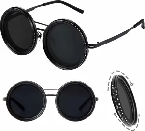 Men's Adjustable Tint Polarized Round Sunglasses – ND9 Stepless Lens with 1-9 Gear Transition, UV400 Protection, Retro Beach Shades for Fishing & Driving   Hard Case