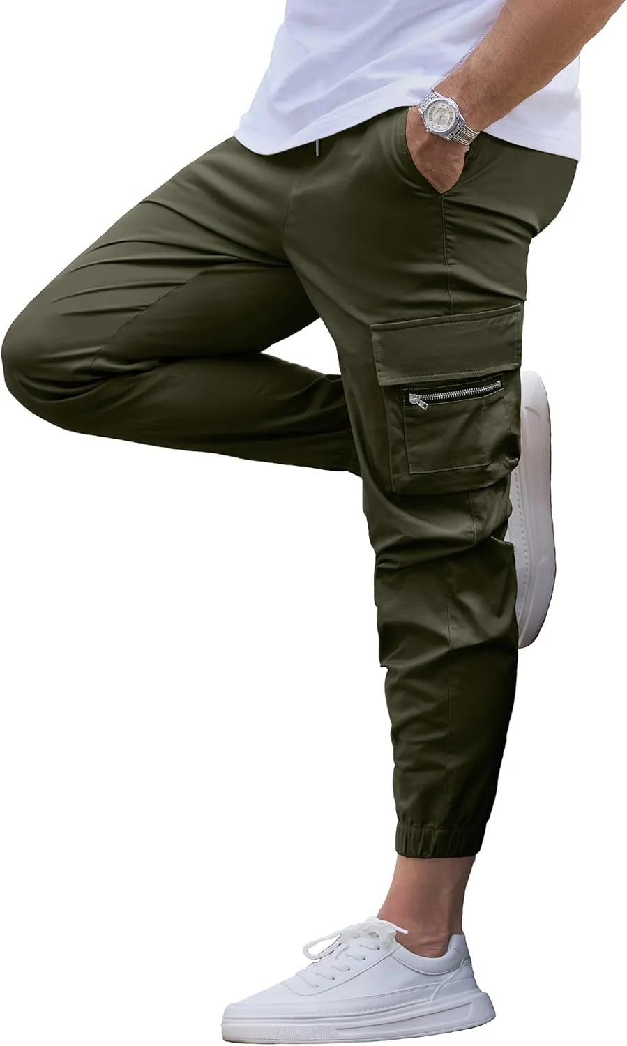 Mens Cargo Jogger Pants Elastic Waist Drawstring Regular with Zipper Pockets Cotton Pants for Men