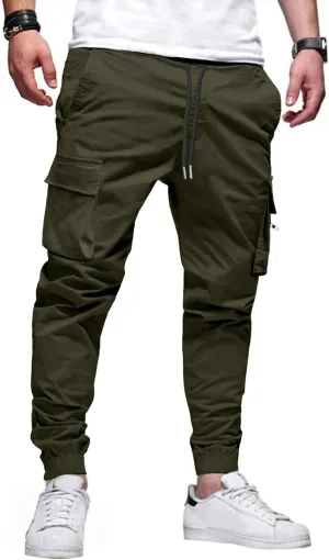 Mens Cargo Jogger Pants Elastic Waist Drawstring Regular with Zipper Pockets Cotton Pants for Men