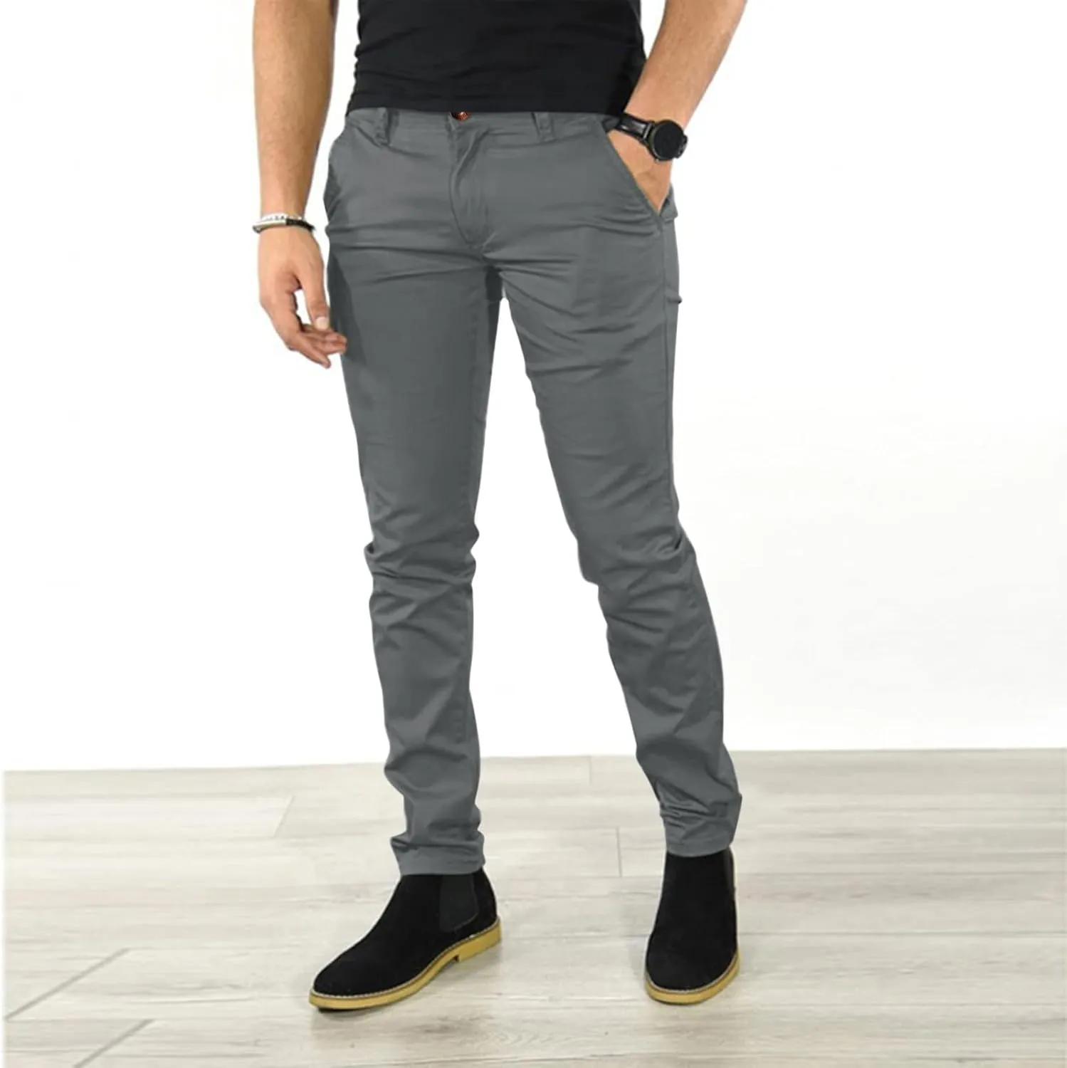Mens Chinos Slim Fit Dress Pants Comfort Flat Front Stretch Skinny Tapered Dress Pants Casual Business Work Solid Trousers
