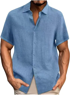 Men's Cotton Linen Button Down Shirts Short Sleeve Summer Beach Shirt Hawaiian Casual Shirt Blouse Business Tops