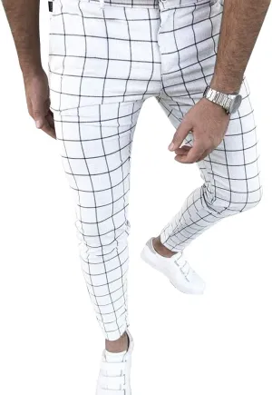 Men's Fashion Stretch Dress Pants Slim Fit Plaid Skinny Long Pants Casual Business Golf Dress Pants