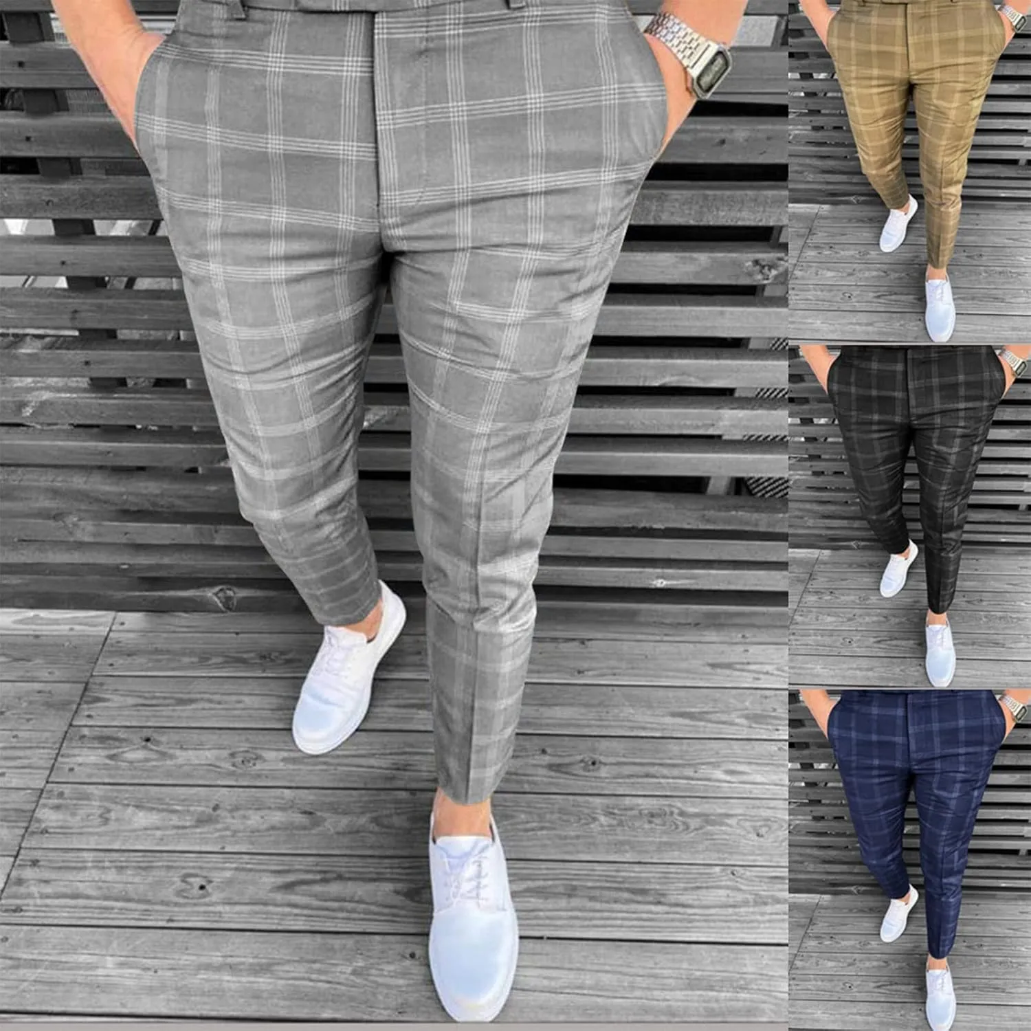 Men's Fashion Stretch Dress Pants Slim Fit Plaid Skinny Long Pants Casual Business Golf Dress Pants
