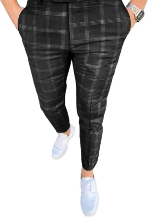 Men's Fashion Stretch Dress Pants Slim Fit Plaid Skinny Long Pants Casual Business Golf Dress Pants