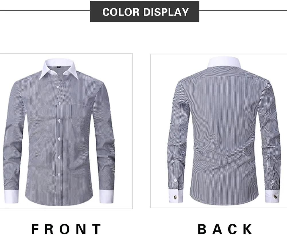 Men's French Cuff Dress Shirt Slim Fit Formal Business Button Down Shirt for Men Long Sleeve Random Cufflinks